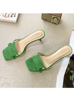 Square Toe Faux Suede Mid Heel Slippers