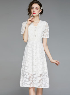 White V-neck Short Sleeve Lace Midi Dress