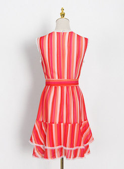 Red Striped Sleeveless A Line Skater Dress
