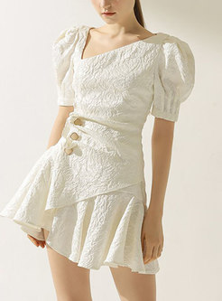 White Puff Sleeve High Waisted Ruched Mini Dress