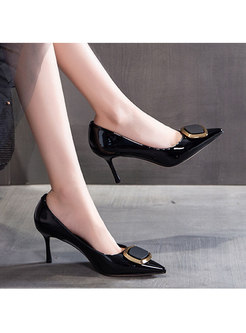 Patent Leather Pointed Toe Metal Bucket Heels