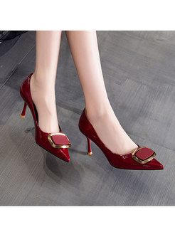 Patent Leather Pointed Toe Metal Bucket Heels