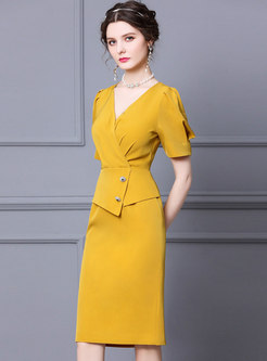 V-neck Puff Sleeve Ruched Patchwork Bodycon Dress
