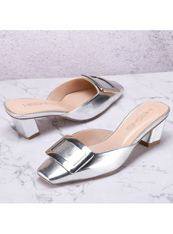 Square Neck Metal Buckle Chunky Heel Slippers