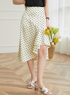 High Waisted Polka Dot Asymmetric Midi Skirt