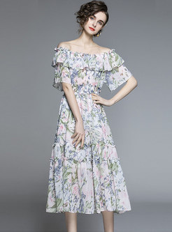 Boho Off-the-shoulder Ruffle Print Midi Dress