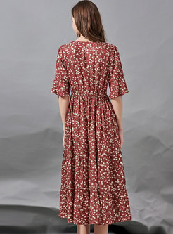Red V-neck Flare Sleeve Floral Silk Maxi Dress