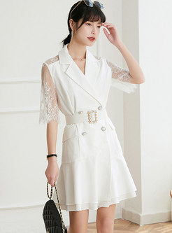 Lace Patchwork Belted A Line Ruffle Blazer Dress