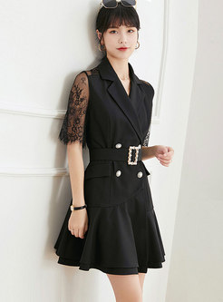 Lace Patchwork Belted A Line Ruffle Blazer Dress