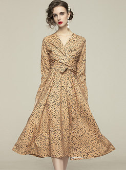 Long Sleeve Leopard Ruched Midi Dress