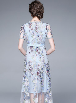 V-neck Short Sleeve Lace Embroidered Midi Dress