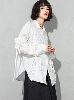 Plus Size Turn-down Collar Ruched Drawstring Blouse
