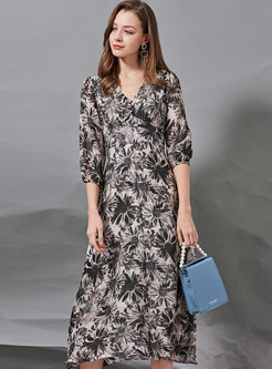 V-neck 3/4 Sleeve Print Silk A Line Maxi Dress