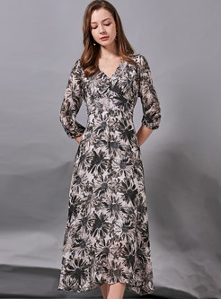 V-neck 3/4 Sleeve Print Silk A Line Maxi Dress