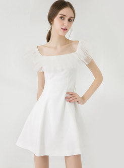 White Off-the-shoulder Mesh Patchwork Cocktail Dress