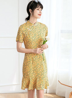 Mandarin Collar Floral Ruffle Improved Cheongsam Dress