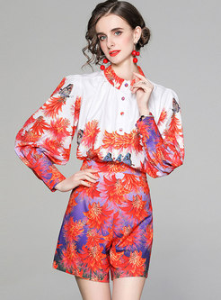 Mock Neck Print High Waisted Wide Leg Hot Pant Suits