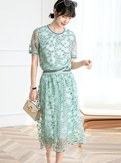 Green Lace Embroidered A Line Skirt Suits