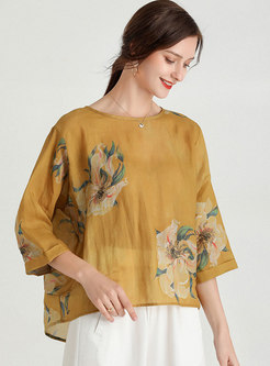 Plus Size Print Loose Pullover Linen T-shirt