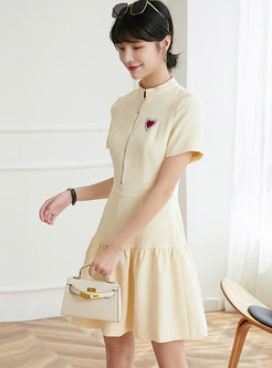 Mock Neck Embroidered Ruffle A Line T-shirt Dress