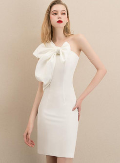 White Bowknot One Shoulder Mini Cocktail Dress
