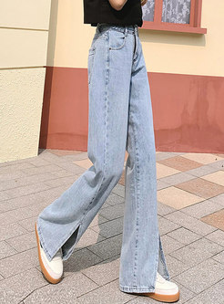 Light Blue High Waisted Straight Split Jeans