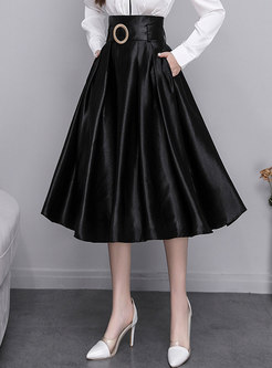 Black High Waisted Big Hem Satin Midi Skirt