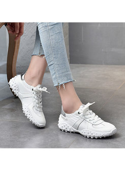 White Rounded Toe Lace-up Breathable Sneakers