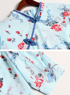Mandarin Collar Print Peplum Mini Dress