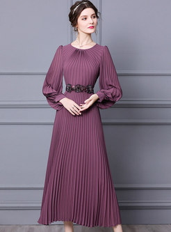 Long Sleeve Pleated Belted Maxi Dress