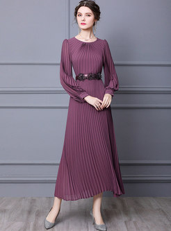Long Sleeve Pleated Belted Maxi Dress