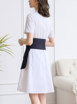 White Short Sleeve Empire Waist Shirt Dress