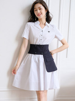 White Short Sleeve Empire Waist Shirt Dress