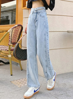 High Waisted Openwork Split Straight Jeans