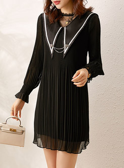 Long Sleeve Pleated Shift Little Black Dress