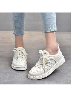 Rounded Toe Lace-up Flat White Sneakers