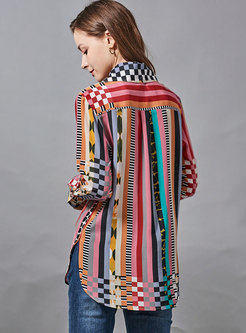 Turn-down Collar Striped Print Silk Blouse