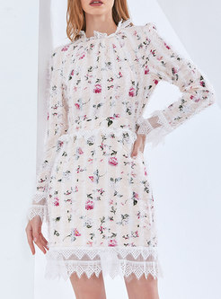 Sweet Lace Patchwork Long Sleeve Floral Dress