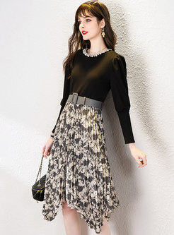 Black Beaded Print Belted Patchwork Pleated Dress