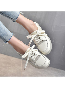 White Rounded Toe Breathable Flat Sneakers