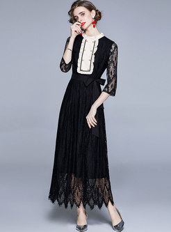 Black 3/4 Sleeve Patchwork Lace Party Maxi Dress