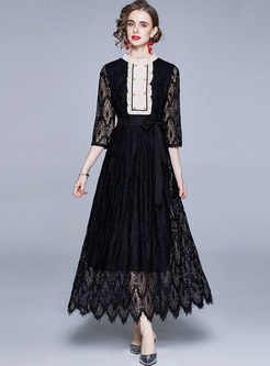 Black 3/4 Sleeve Patchwork Lace Party Maxi Dress