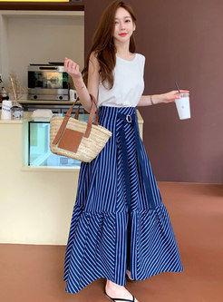 Crew Neck Sleeveless Striped A Line Maxi Skirt Suits