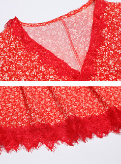 V-neck Flare Sleeve Floral Lace Patchwork Maxi Dress