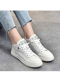 White Rounded Toe Openwork Lace-up Flat Sneakers