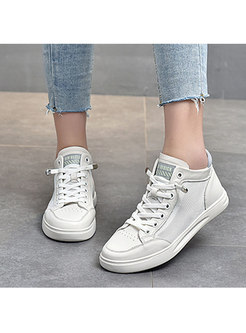 White Rounded Toe Openwork Lace-up Flat Sneakers