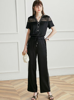 V-neck Lace Openwork Patchwork Satin Pant Suits