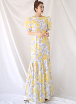Yellow Print Lantern Sleeve Peplum Maxi Dress