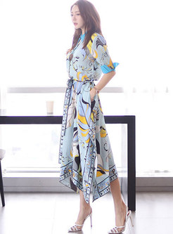 Half Sleeve Print Asymmetric Maxi Dress