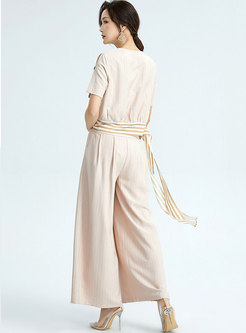 Casual V-neck Striped Ribbon Wide Leg Pant Suits
